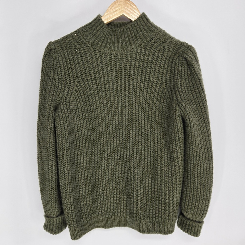 Boden Sweater Women 6 Olive Green Mock Neck Puff Shoulder Wool Alpaca Rib Knit